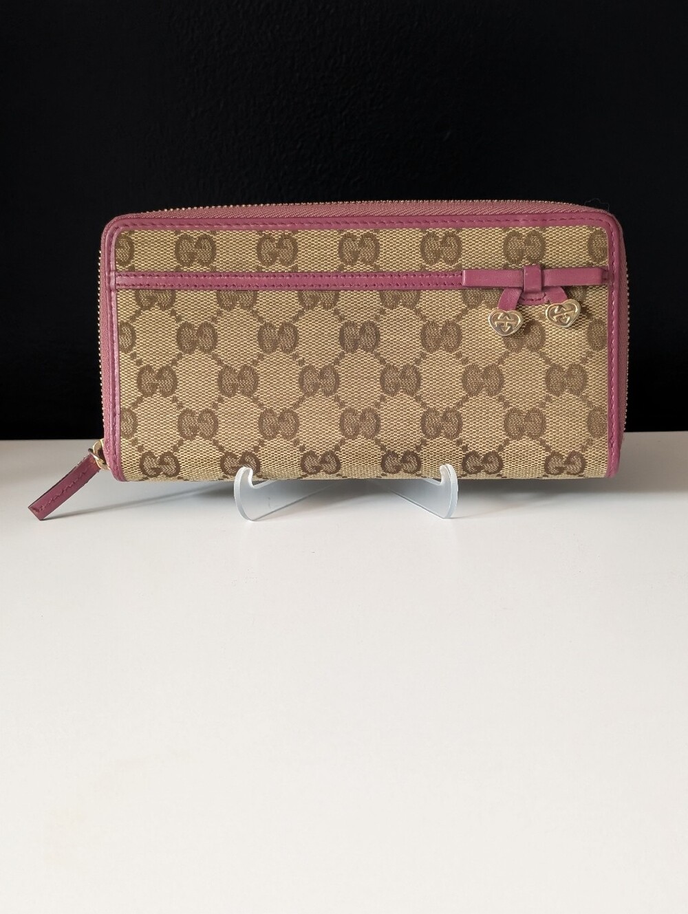 Gucci GG Monogram Canvas Pink Purple Trim Zip Around Long Wallet